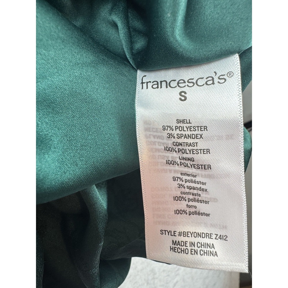 Francescas Satin Bubble Hem Mini Dress Small Green Bow Renaissance Romantic - Picture 5 of 9